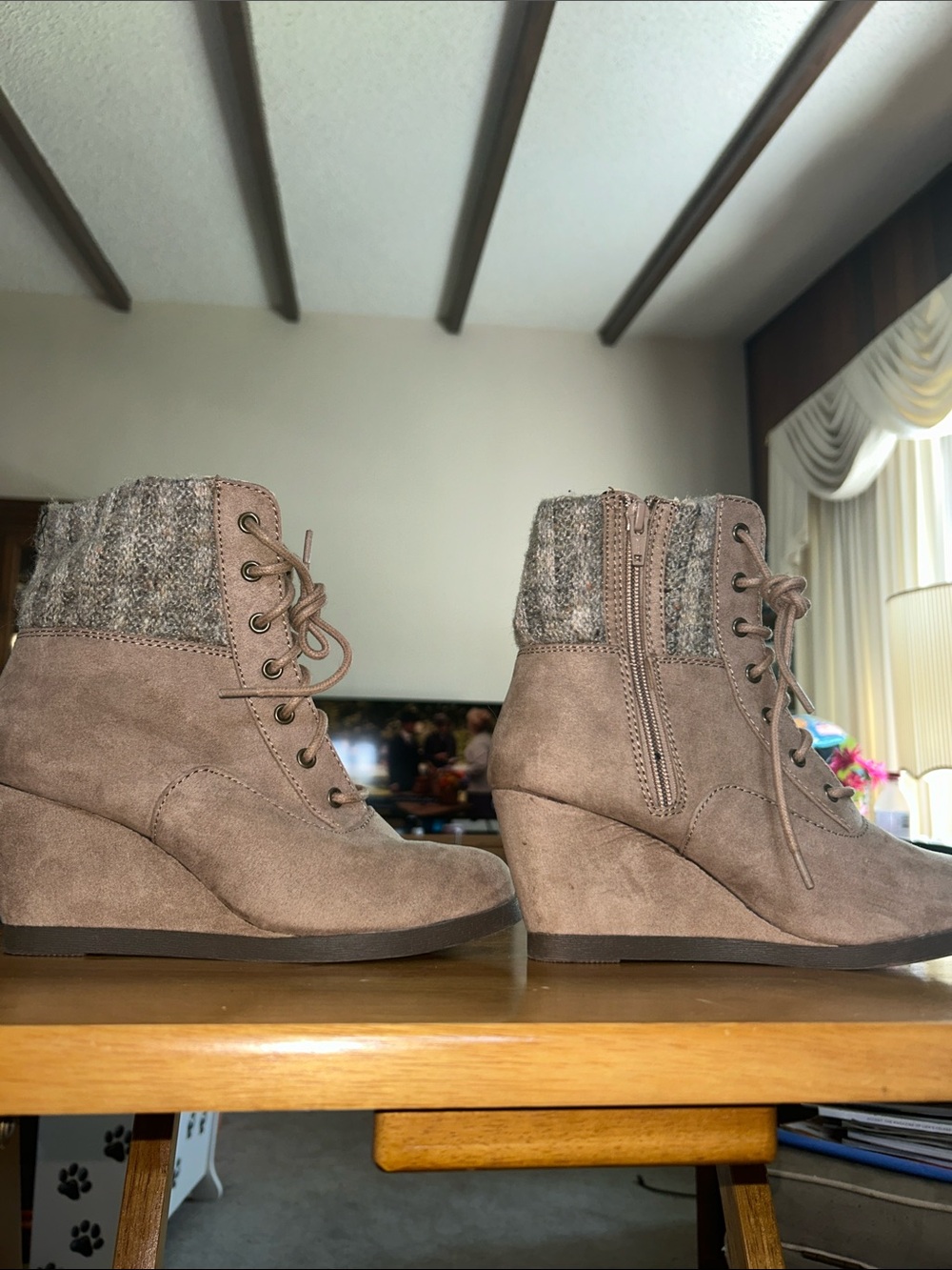 So 6 1/2 Mediun Women's Taupe Wedge Ankle Boots - Knit Collar